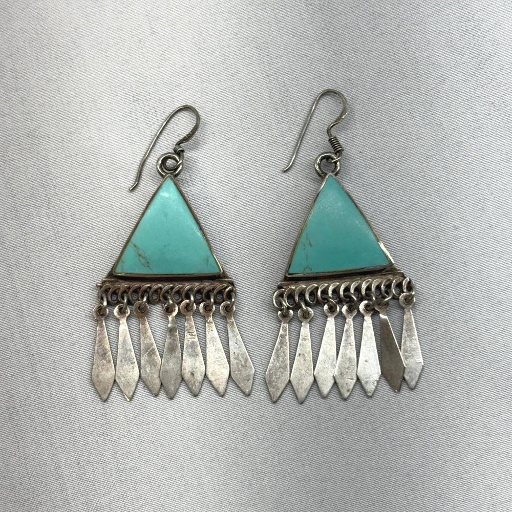Mexican Turquoise Sterling Silver Earrings Womens OS Blue Good Vintage Fringe